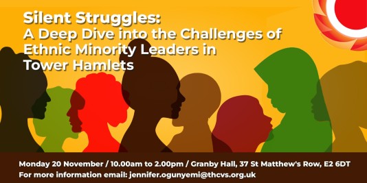 Graphic of 8 silhouettes of people's heads overlapping each other. Silhouettes are shades of green, brown and red on a yellow background. Text reads: Silent Struggles: A Deep Dive into the Challenges of Ethnic Minority Leaders in Tower Hamlets - Monday 20 November / 11.00am to 2.00pm / Granby Hall, 37 St Matthew's Row, E2 6DT, For more information email: jennifer.ogunyemi@thcvs.org.uk