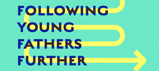 Decorative image of a yellow arrow on a turquoise background. Text reads "Following Young Fathers Further"